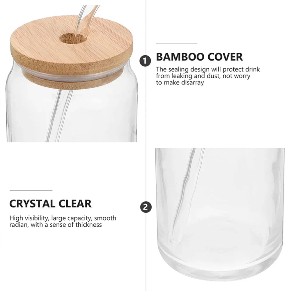 1pc Glass Can Cup with Bamboo Lid & Straw