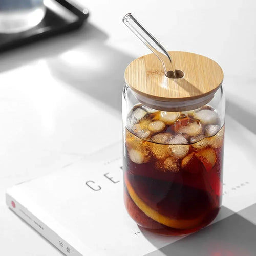 1pc Glass Can Cup with Bamboo Lid & Straw