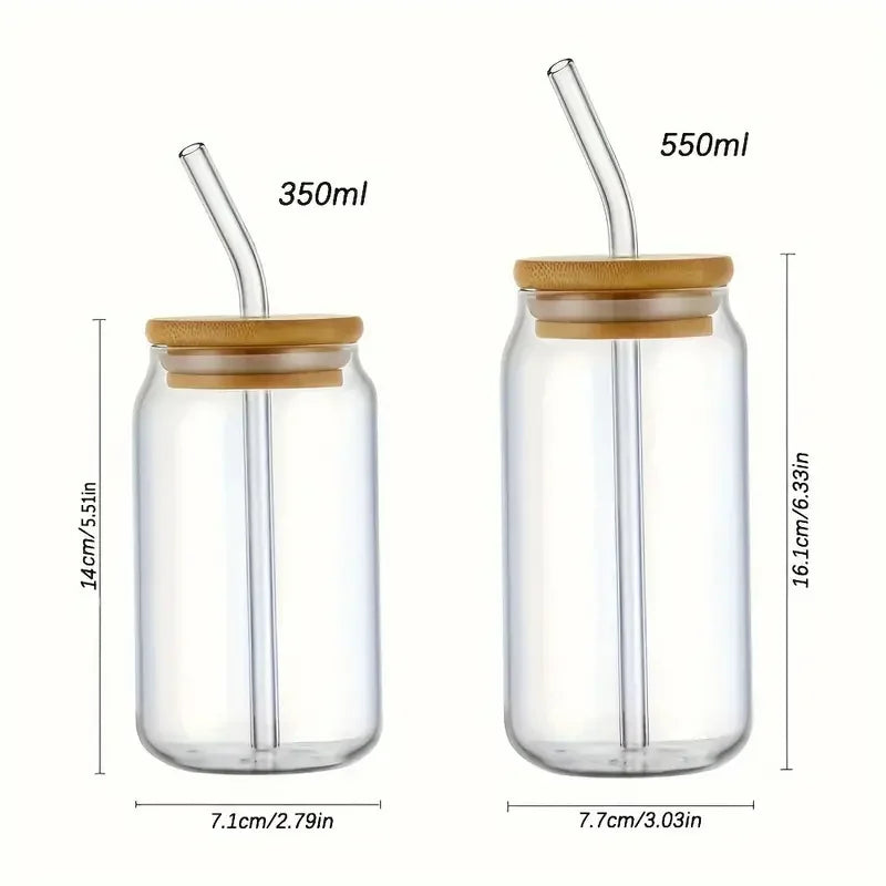1pc Glass Can Cup with Bamboo Lid & Straw