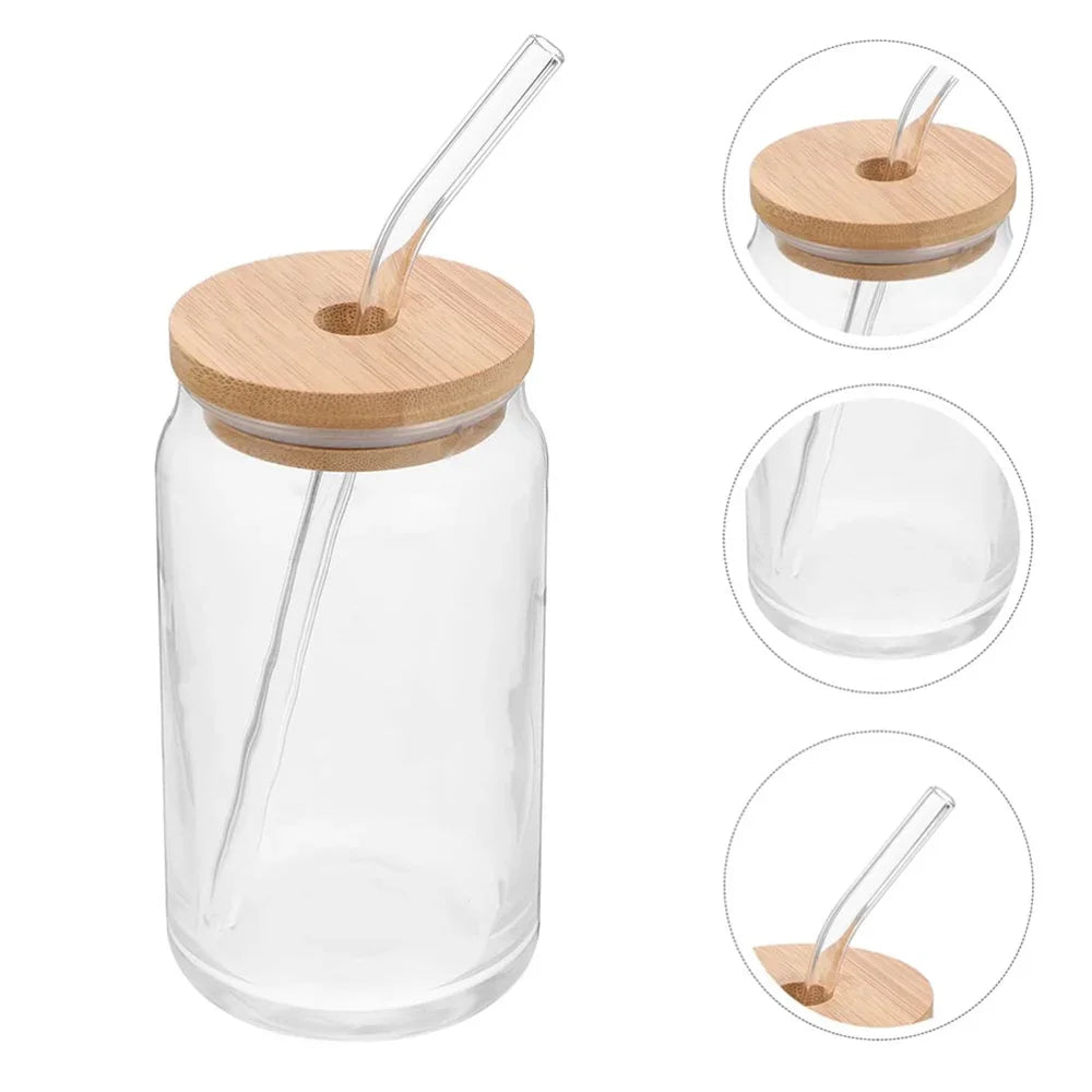 1pc Glass Can Cup with Bamboo Lid & Straw