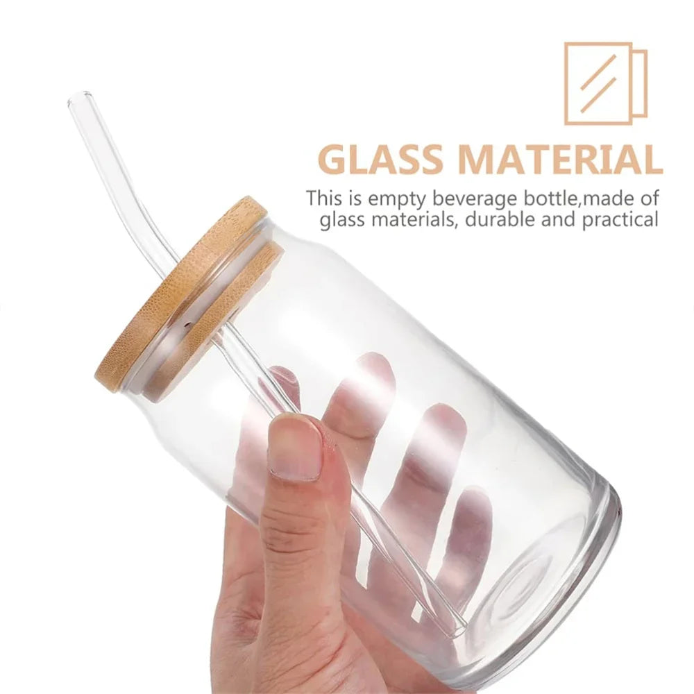 1pc Glass Can Cup with Bamboo Lid & Straw