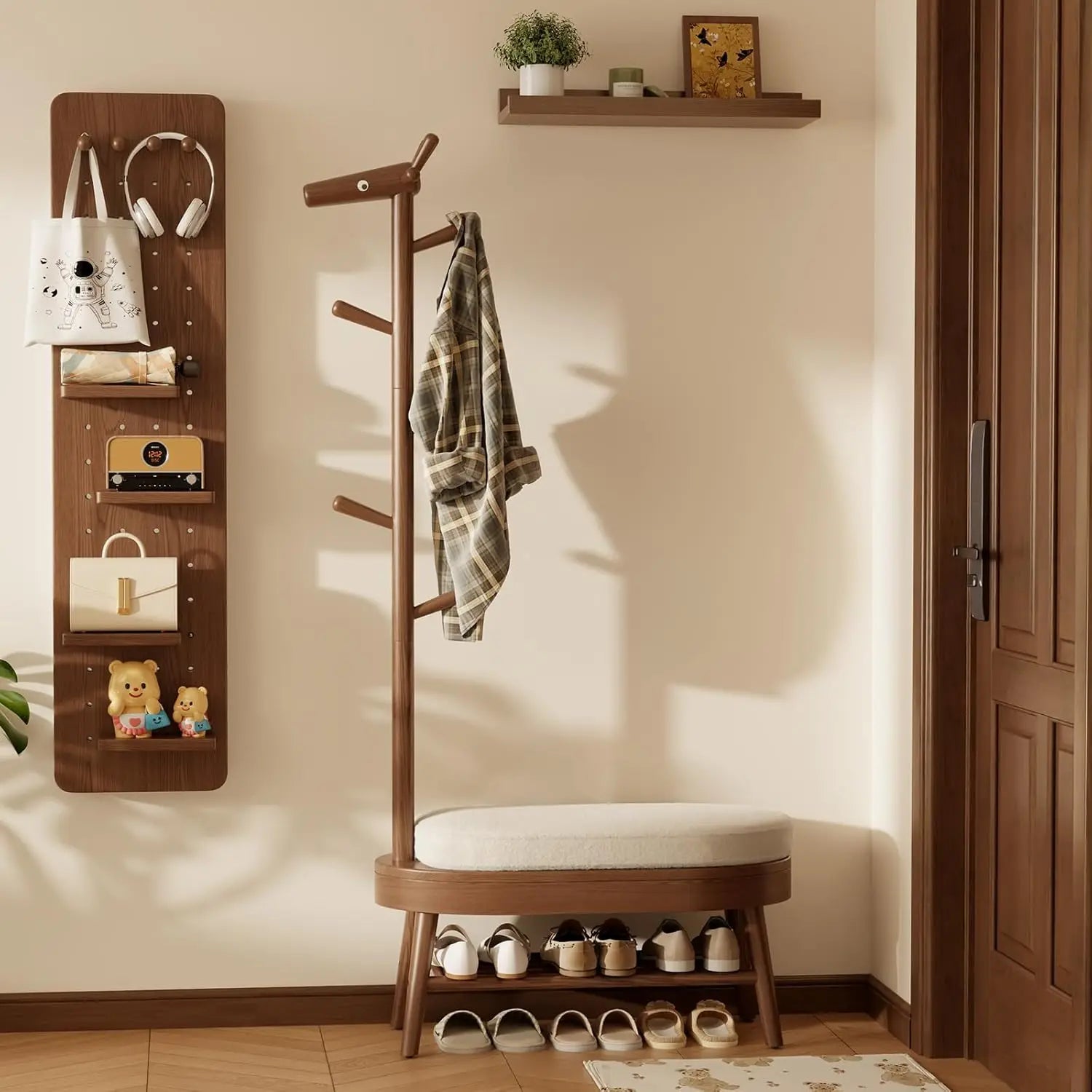 Walnut Wood Entryway Bench with Coat Rack