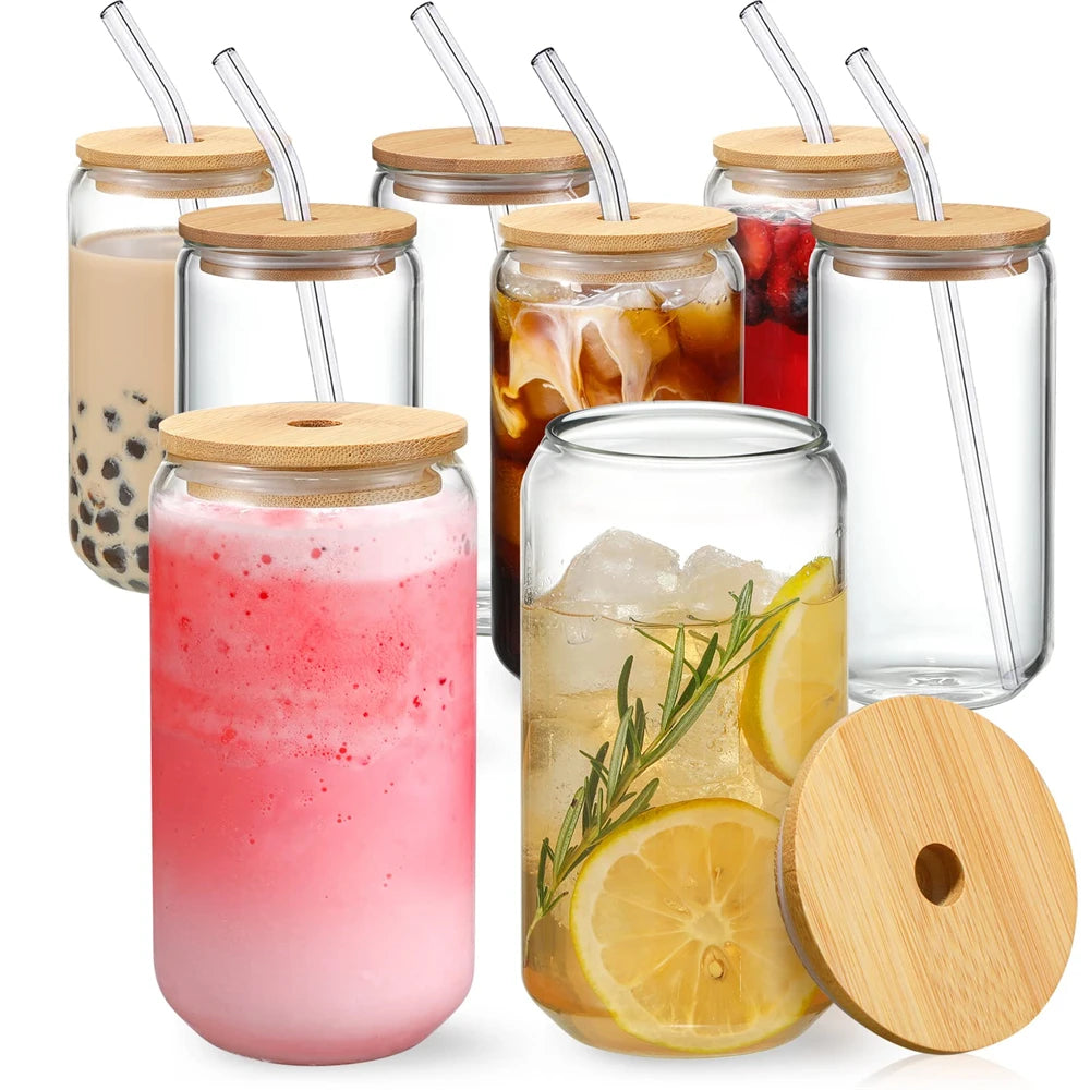 1pc Glass Can Cup with Bamboo Lid & Straw
