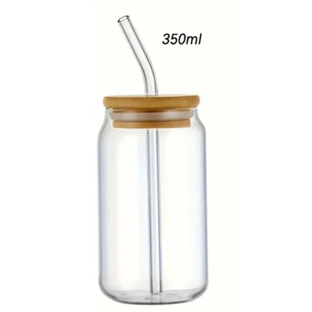1pc Glass Can Cup with Bamboo Lid & Straw