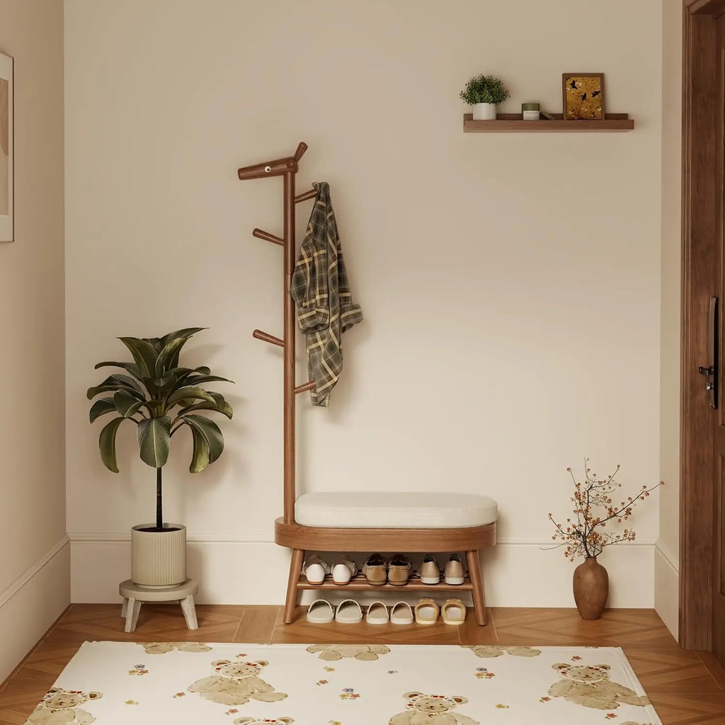 Walnut Wood Entryway Bench with Coat Rack