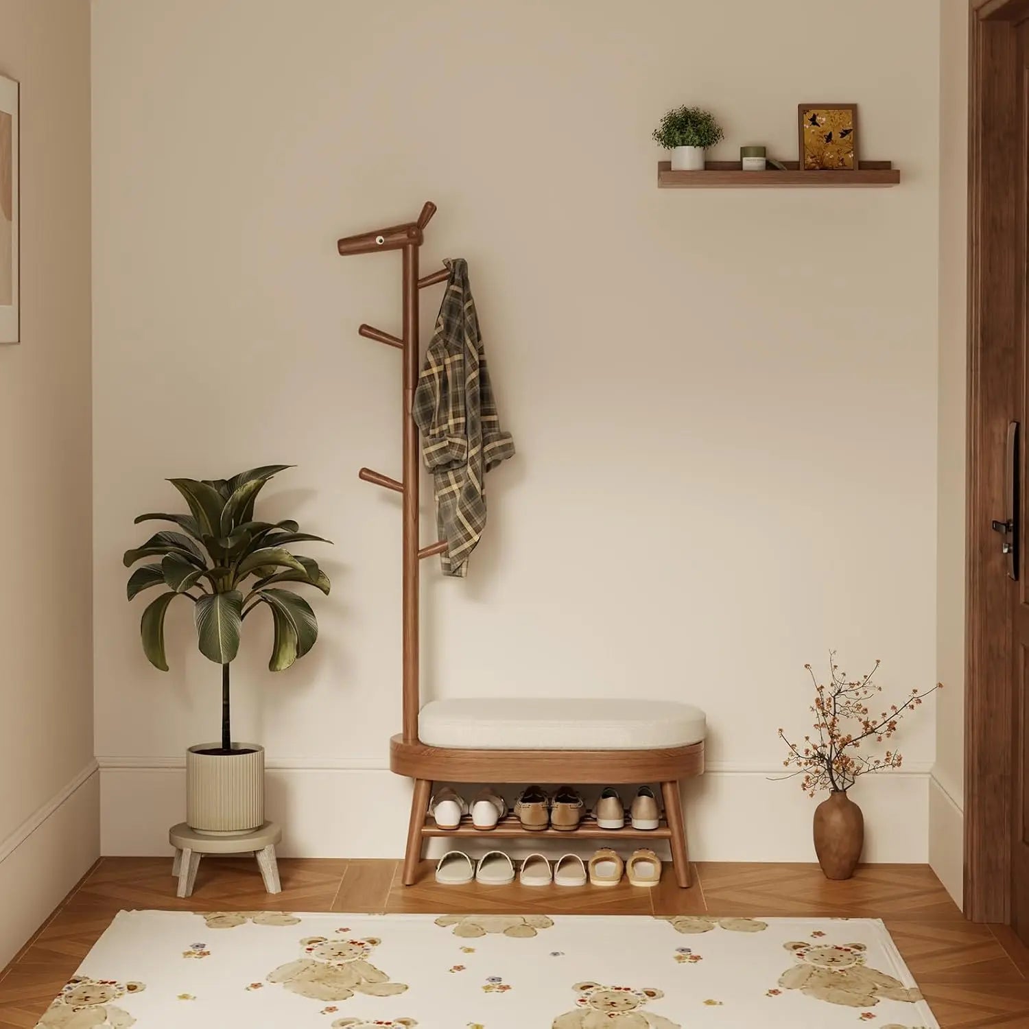 Walnut Wood Entryway Bench with Coat Rack