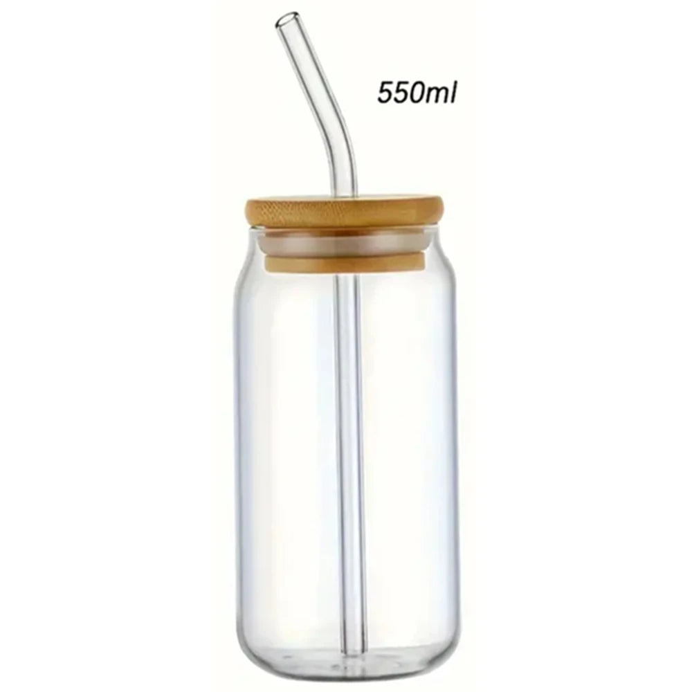 1pc Glass Can Cup with Bamboo Lid & Straw
