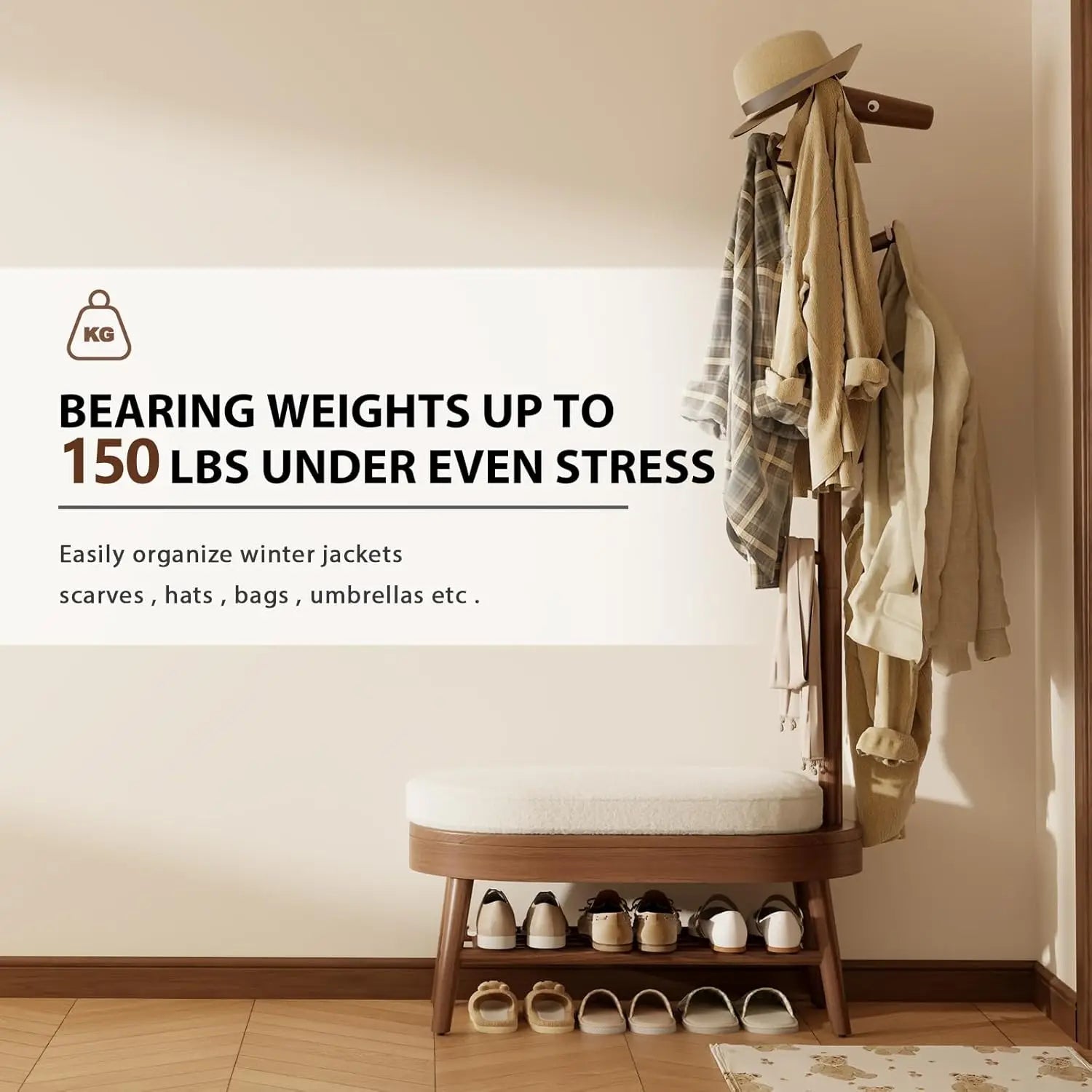 Walnut Wood Entryway Bench with Coat Rack