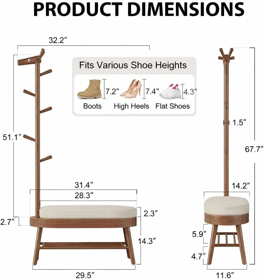 Walnut Wood Entryway Bench with Coat Rack