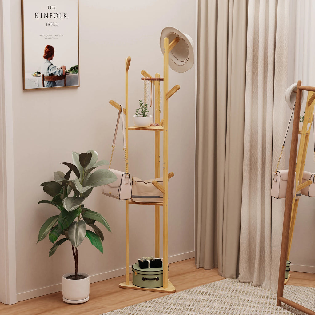 Bamboo Corner Tree Coat Rack Stand  Clothes Hanger with Hooks and Shelves
